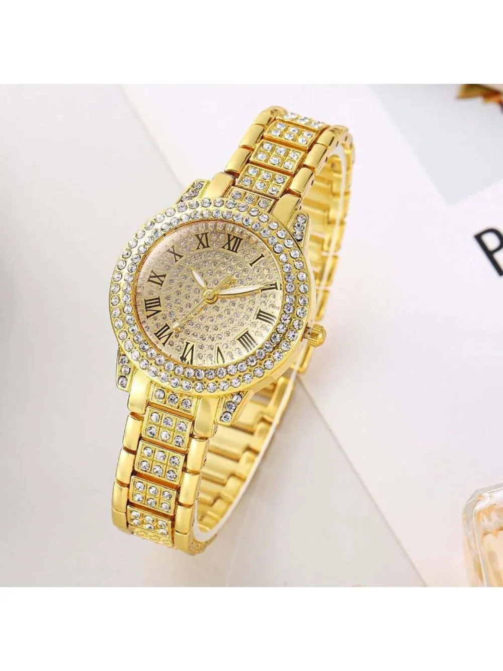 Women's Gold Luxury Full Diamond Bling Rhinestone Quartz Crystal Wrist Watches